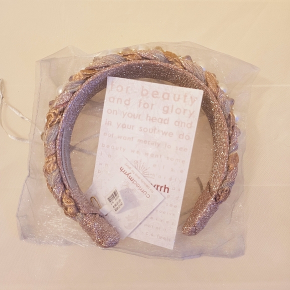 Anthropologie Curried Myrrh Constance Pearled Metallic Braided Headband - Picture 2 of 6